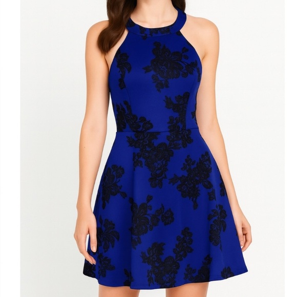 B Darlin dress Flocked Velvet Floral Fit & Flare mini SZ 11/12 black/blue skater - Picture 1 of 16